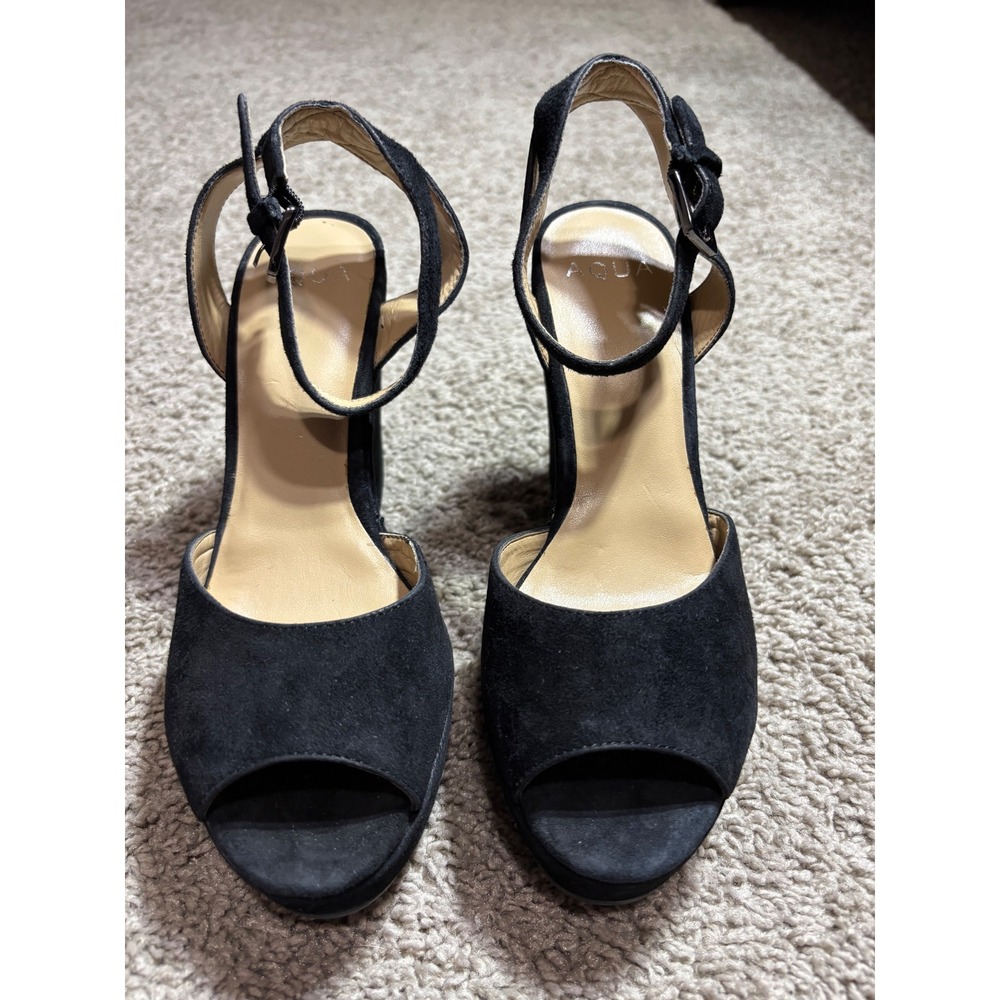 AQUA AQAVA Black Suede Wedge Platform Sandals Peep Toe Ankle Strap Heels 6.5M